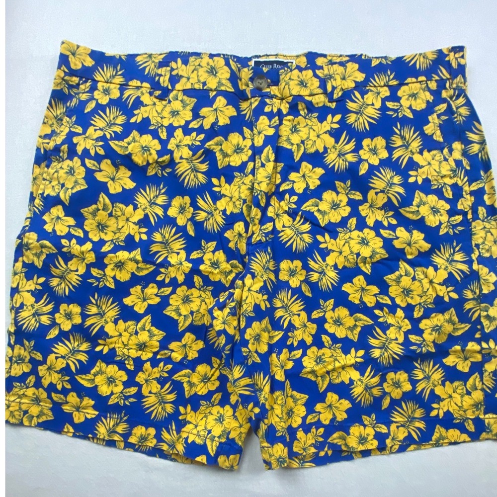 Club Room Mens 38 Blue Yellow Tropical Hibiscus Floral Stretch Chino Shorts
